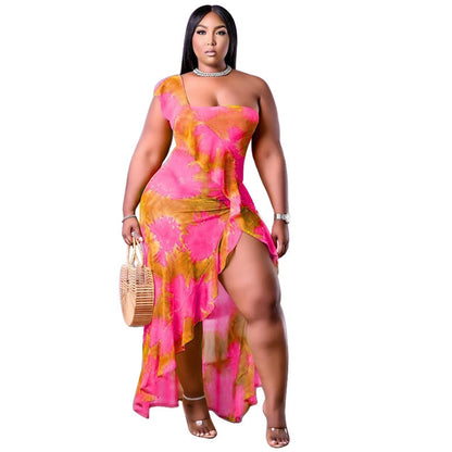 Women's Summer New Arrival One-Shoulder Irregular Printed Ruffle Hem Plus-Size Dress