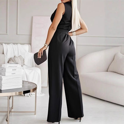 Women's Sleeveless Lapel-collar Wide-leg Jumpsuit With Belt And Pockets