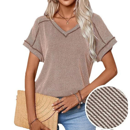 Fashionable Two-tone Twisty Stretch Short-sleeve V-neck Top Women's T-shirt
