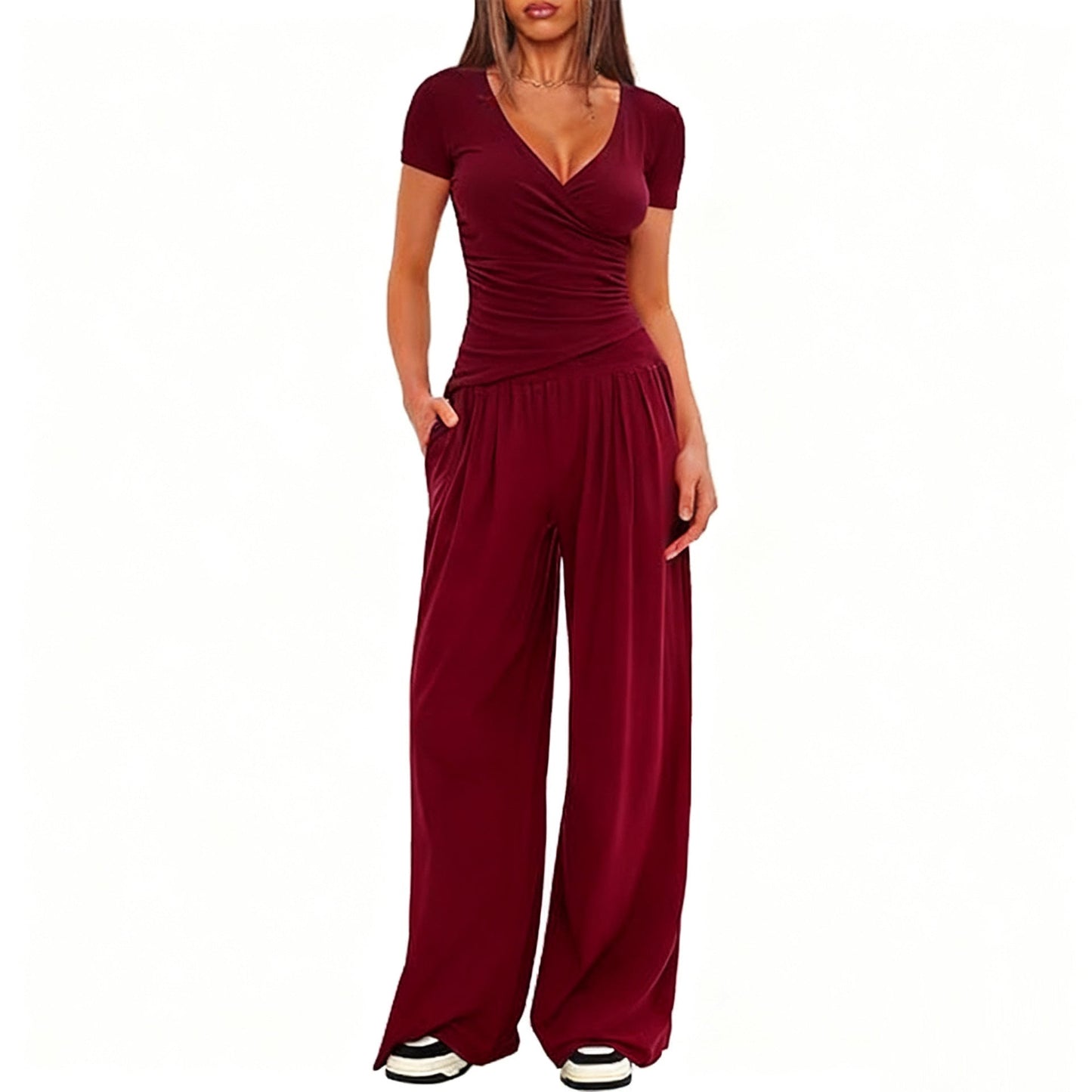 2 Pieces Women's V Neck Short-sleeve Sportswear Top And Wide-leg Pants Set Casual Comfortable Outfit Set For Daily Wear Gym Sports Outfit