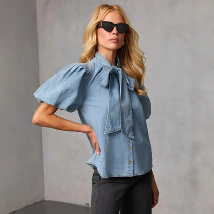Retro Loose-fit Collar Denim Shirt With Bow-tie Tie-up