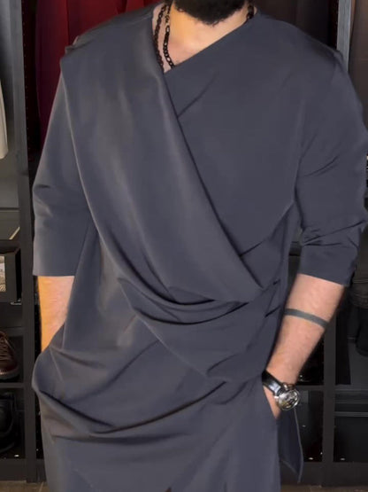 Men's Casual Long Sleeve Draped Top High Waist Pants Set