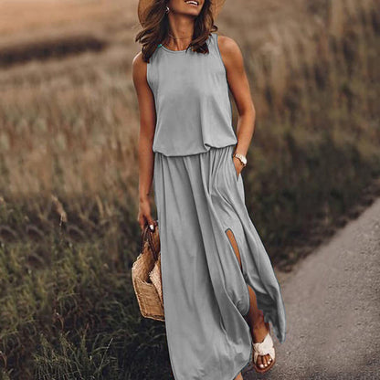 Women's Round Neck Sleeveless Split Solid Color Dress