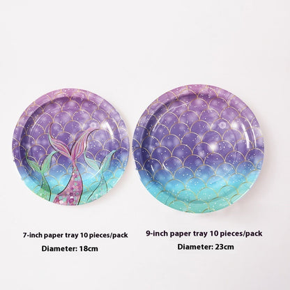 Mermaid Tail Theme Happy Birthday Paper Pallet Disposable Party Round Paper Pallet Suit Disposable Paper Cup