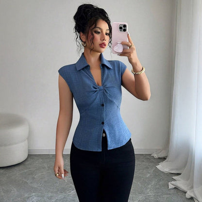 Women's Slim-fit Sleeveless Blouse With Pleats Elegant Top