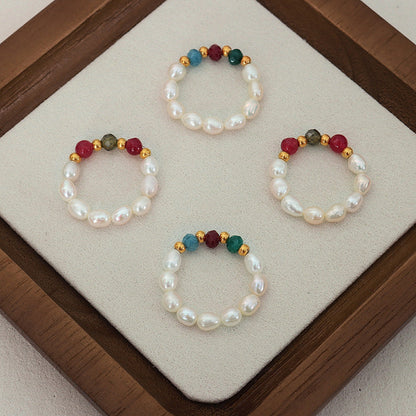 Freshwater Pearl And Agate Beaded Stretchy Cord Ring