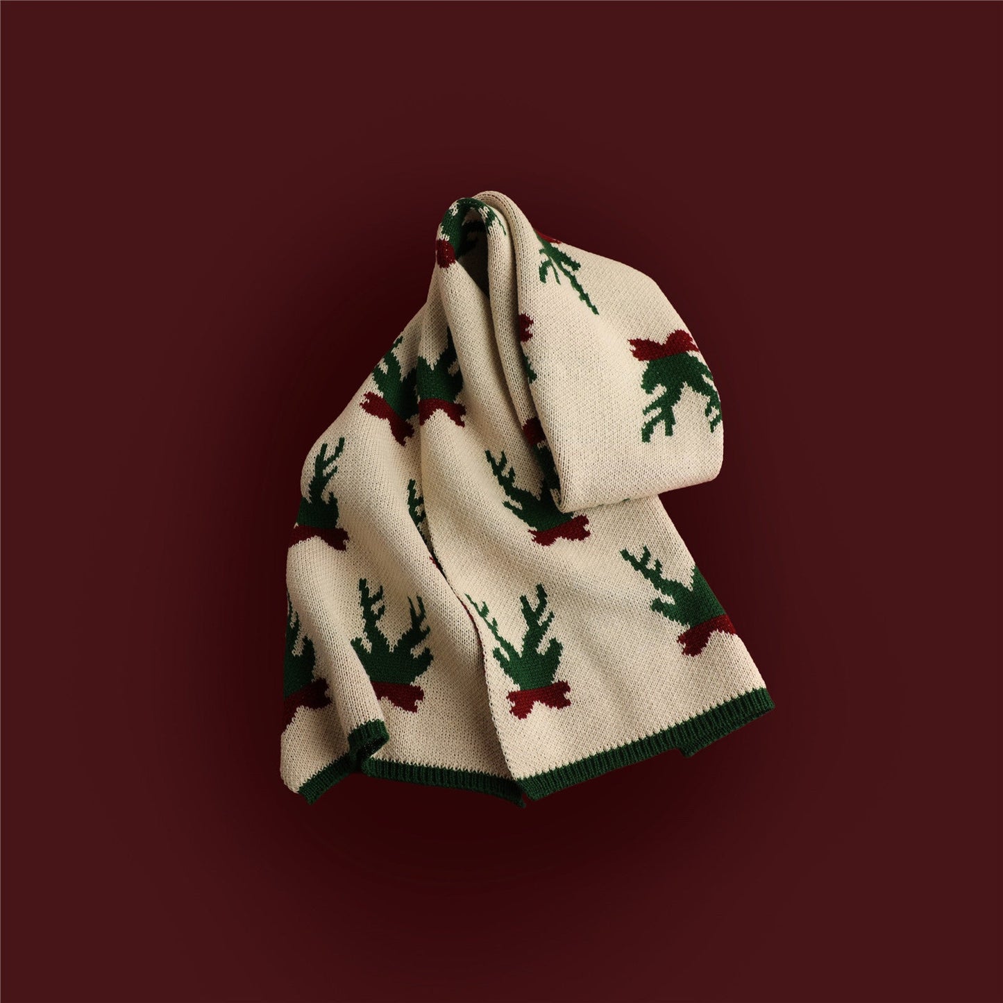 Red Knitted Scarf With Elk Print And Snowflake Pattern Designed For Warmth