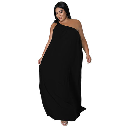Sleeveless One-shoulder Halter Solid-color Dress Maxi Dress