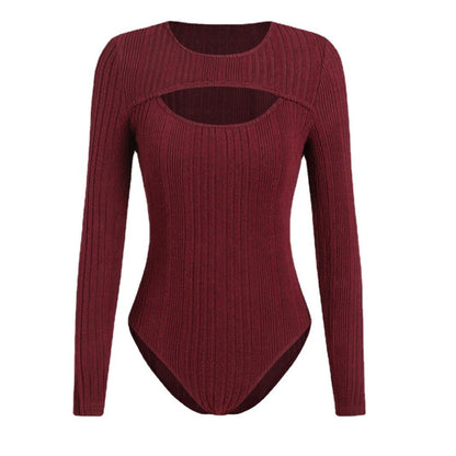Sunken Stripe Hollow-out Slim-fit One-piece T-shirt Round Neck Long Sleeve Top