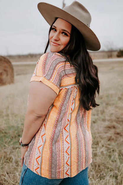 Multicolor Tribal Geometric Print Plus Size Short Sleeve Top
