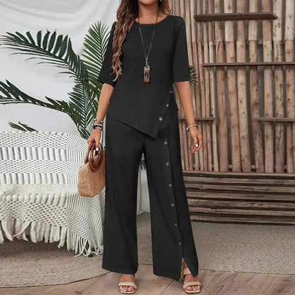Elegant And Fashionable Casual Button Half-sleeve Shirt Loose Two-piece Set