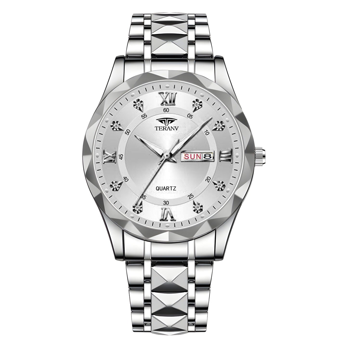 Men's Diamond Shell Calendar Watch - Stainless Steel Luxury Timepiece