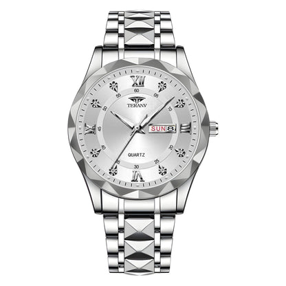 Men's Diamond Shell Calendar Watch - Stainless Steel Luxury Timepiece