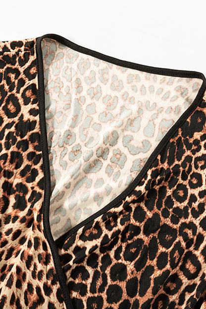 Brown Leopard Wrap V Neck Plus size Dress with A Slit