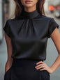 Womens Solid-color Satin Top With A Pleated Design And Short Sleeves