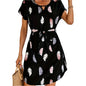 Women's Summer Vacation Style Print Tunic Dress with Batwing Sleeves and Belt Detail, 100% Polyester Crew Neck Lightweight Woven Dress