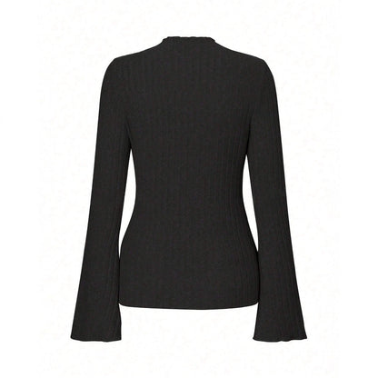 Long Sleeve Round Neck Brushed Sunken Stripe Solid Color Slim Fit Top