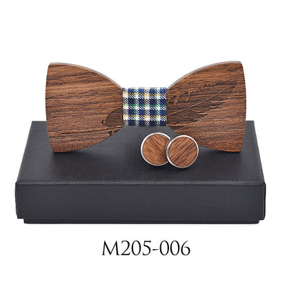 Business Leisure Feather Carving Wooden Tie Cuff Buckle Set