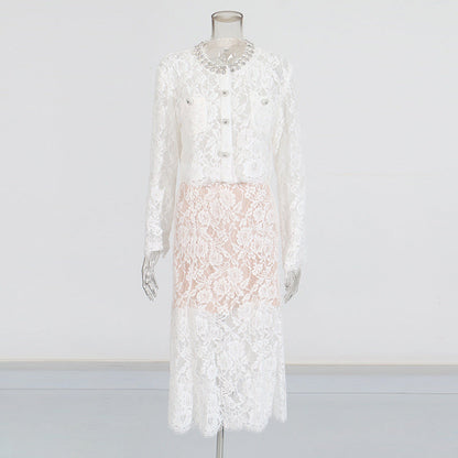 Round Neck Diamond Lace Embroidered Top High Waist Skirt Suit