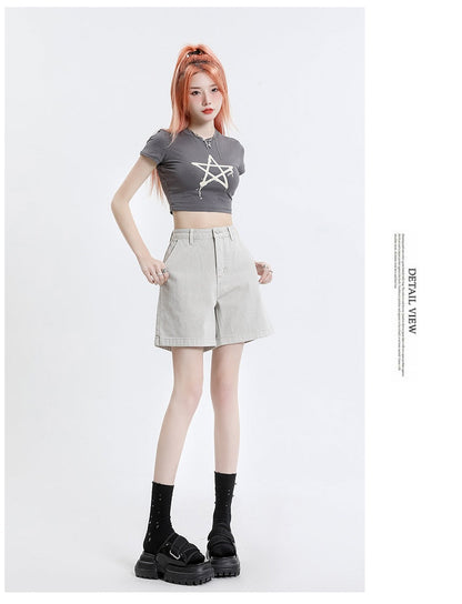 Women's Denim Shorts Fashion Retro Summer High-waisted Slim Wide-leg Pants