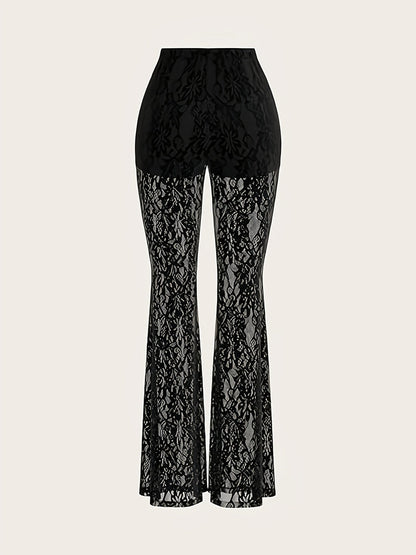High-Waist Lace Mesh Bell Bottoms - Sheer, Stretchy Flared Trousers for Women