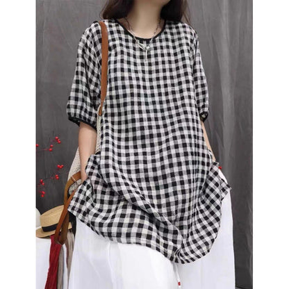 New Vintage-style Loose-fitting Oversized Artistic Top Plaid Casual Versatile Mid-sleeve Shirt