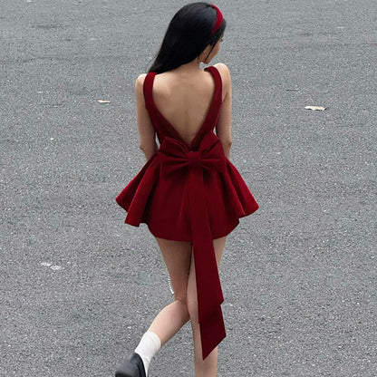 Luxurious Open-back Patchwork Bow-knot Vest Dressstylish High-waisted Figure-hugging A-line Mini Skirt