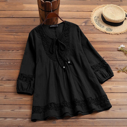 Cotton And Linen Stitching Lace 34 Sleeve Loose Women's Top T-shirt