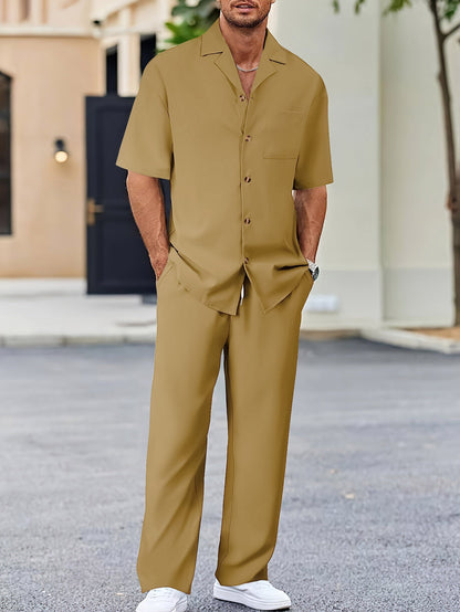 Men's Trousers Suit Fashion Lapel Button Short Sleeve Shirt And Pocket Straight Pants Clothing