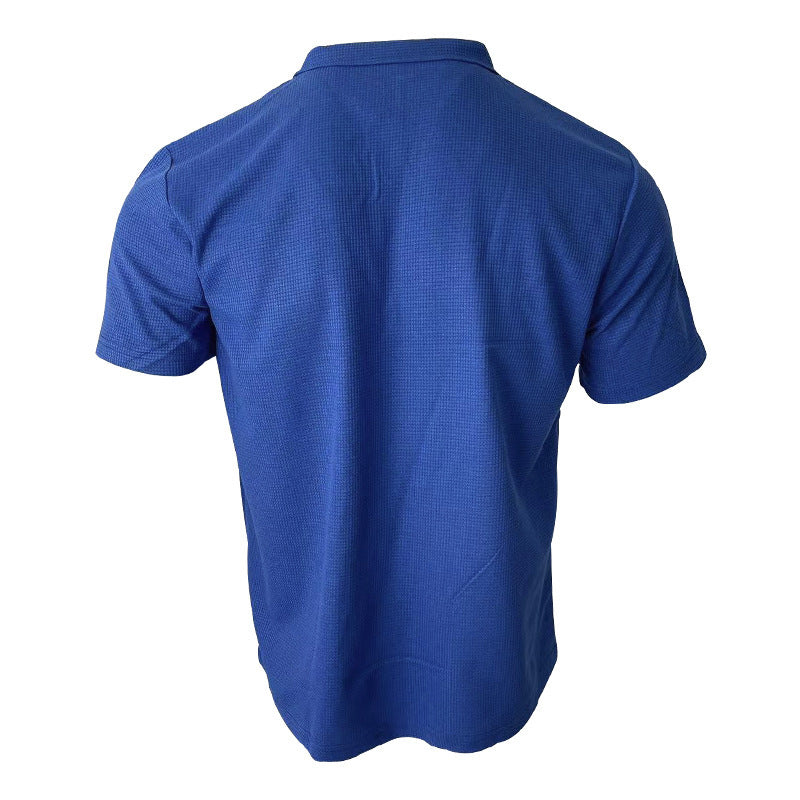INS Waffle Lapel Short-sleeved T-shirt Summer Fashion Solid Color V-neck Polo Shirt Tops Men's Clothing