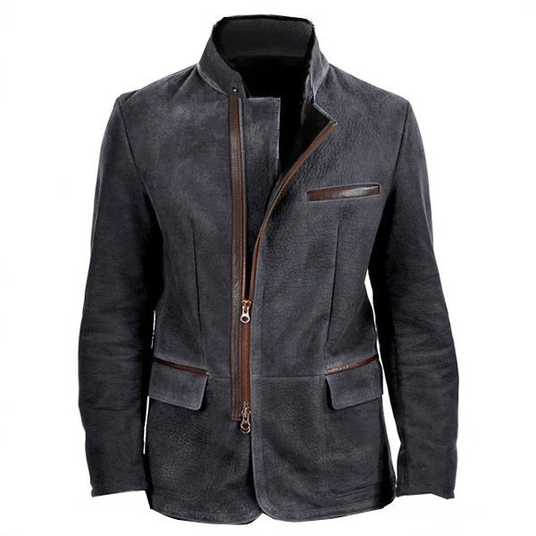 Vintage Jacket Men's Casual Coat Stand Collar Zipper Tooling Patchwork Top