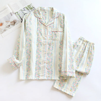 Japanese Sweet Ladies' Homewear Cotton Double-layer Gauze New Long-sleeved Trousers Two-piece Set