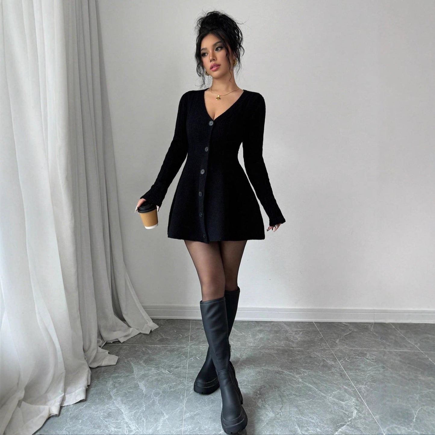 Women's Solid-Color V-Neck Knitted Dress
