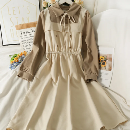 Vintage Patchwork Women's Dress High Waist A-Line Mid-Calf Spring Long-Sleeved