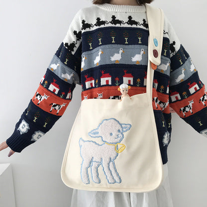 Sheep embroidery wild college style bag