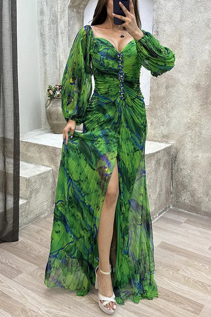 Women Floral Lantern Long Sleeve Dress Elegant Rhinestone Off Shoulder Maxi