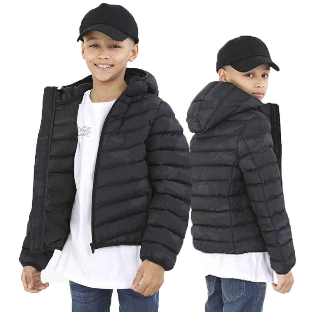 Kids Boys Grant Black Camo Hooded Puffer School Jacket