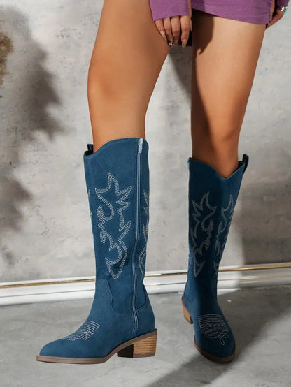 Women Chelsea Cowboy Knee High Boots for Women Mid Heels Walking Shoes Winter