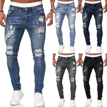 2025 New Fashion Street Style Ripped Skinny Jeans Men Vintage wash Solid Denim