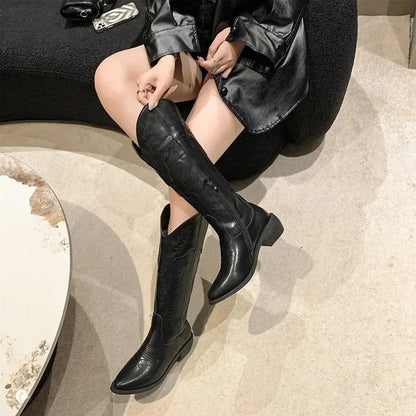 Vintage Black Western Cowboy Boots for Women Heels PU Leather Ankle Booties