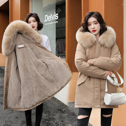 Women's Long Fashionable Hooded Winter Fur Collar Jacket