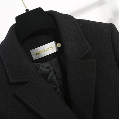 Women's Winter Classic Black Woolen Mid-Length Woolen Blend Overcoat