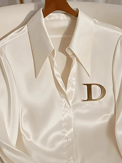 High Quality Fashion Women's White Satin Shirt Turn Down Collar Long Sleeve