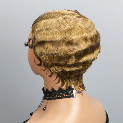 Finger Wave Pixie Human Hair Wigs For Women 180% Density