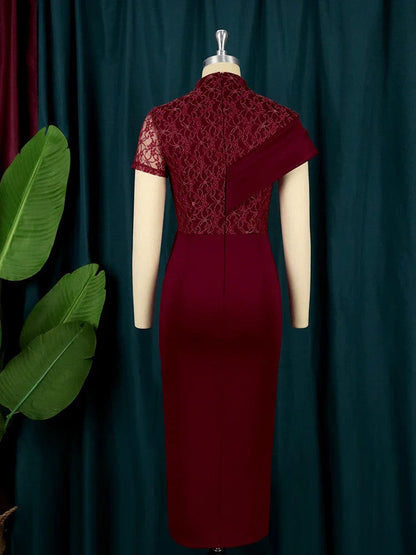 Black Long Prom Dresses High Neck Lace Patchwork Bodycon Women Evening Cocktail