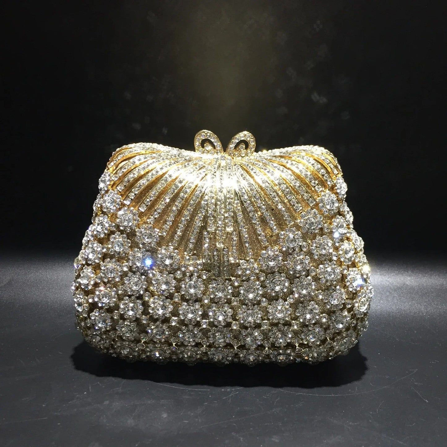 Women Gold Color Flower Rhinestones Clutch Bags Crystal Evening Purse Stones