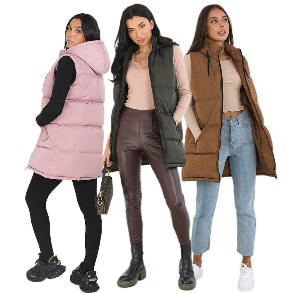 Womens CELLOLGIL Sleeveless Padded Hooded Longline Gilet