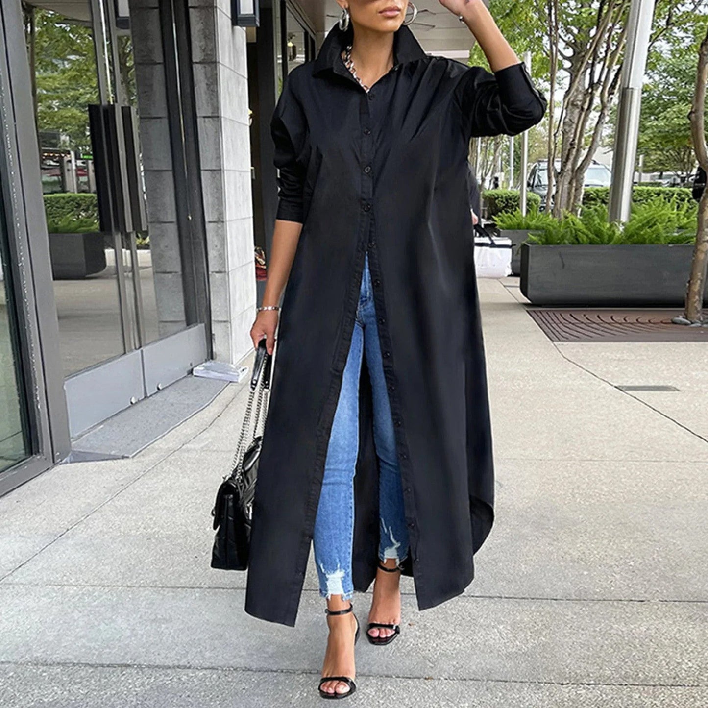 Women Shirt Windproof Shirt Dress Versatile Hem Stylish Autumn Winter Solid