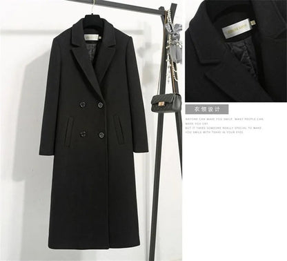 Women's Winter Classic Black Woolen Mid-Length Woolen Blend Overcoat