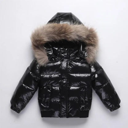 Kids Winter Down Jacket Real Faux Fur Waterproof Shiny Thick Warm Outerwear